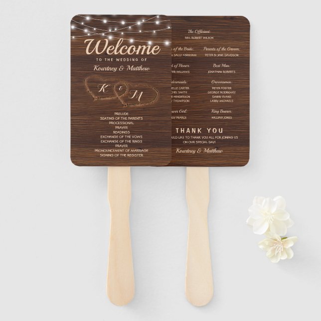 Rustic Country Carved Wood Heart Wedding Program Hand Fan (Front and Back)