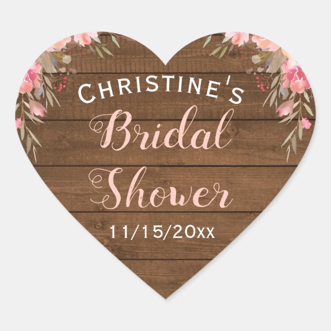 Rustic Country Chic Pink Floral Bridal Gift Favour Heart Sticker (Front)