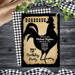 Rustic Country Chicken BBQ 70th Birthday Party Invitation<br><div class="desc">Rustic farmhouse style with aged,  torn paper look and black and white buffalo checks as backgrounds for a black rooster silhouette "BARBEQUE" Birthday Party design by Holiday Hearts Designs (rights reserved).</div>