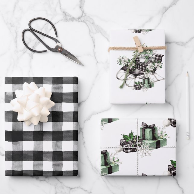 Rustic Country Christmas Buffalo Check Sleigh Wrapping Paper Sheet (Front)