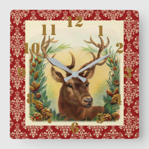 Rustic Country Christmas Deer Elegant Ornate Square Wall Clock