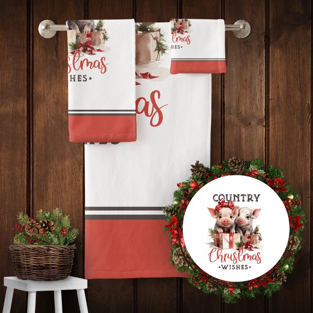 Rustic Country Christmas Wishes Cute Pig Bath Towel Set (Creator Uploaded)