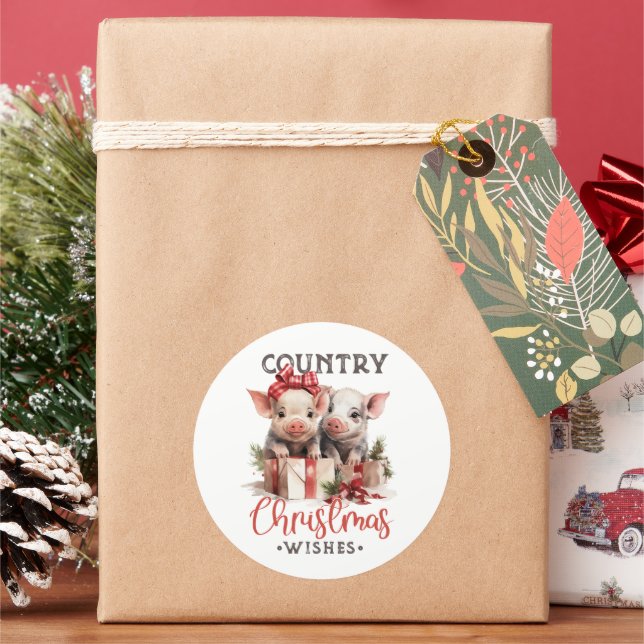Rustic Country Christmas Wishes Cute Pig Classic Round Sticker (Holiday)