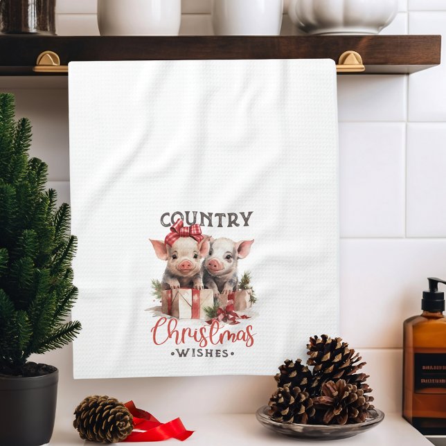 Rustic Country Christmas Wishes Cute Pig Kitchen Towel (Creator Uploaded)