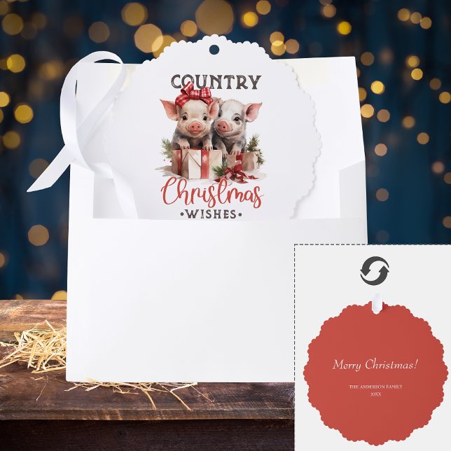 Rustic Country Christmas Wishes Cute Pig Ornament Card (Creator Uploaded)