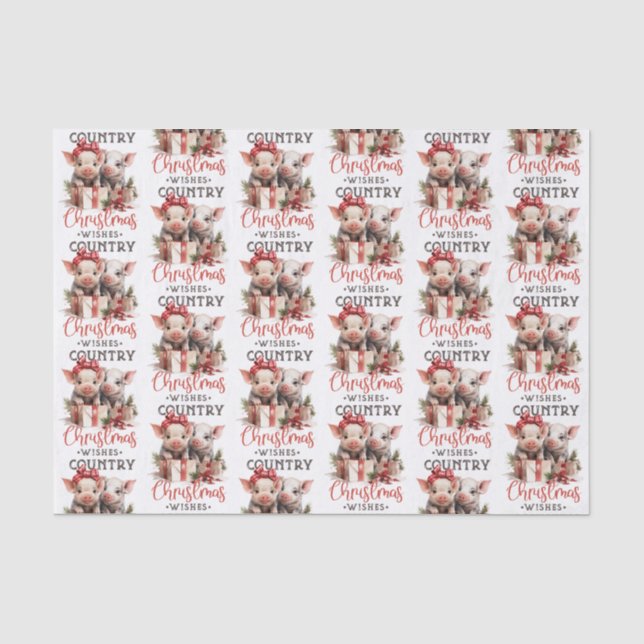 Rustic Country Christmas Wishes Cute Pig Tissue Paper (Front)