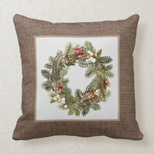 Rustic Country Christmas wreath Holiday Throw Pillow