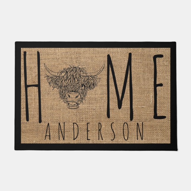 Rustic Country Cool Cow Faux Burlap Family Name Do Doormat (Front)