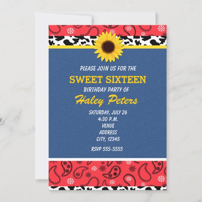 Rustic Country Cow Print & Sunflowers Invitation (Front)