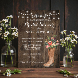 Rustic Country Cowboy Boot Bridal Shower Invite