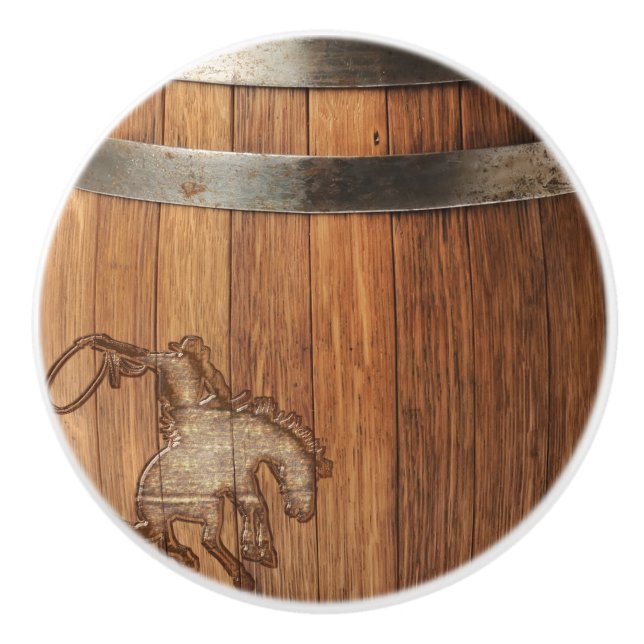 Rustic Country Cowboy Western Rodeo Wooden Barrel Ceramic Knob (Front)