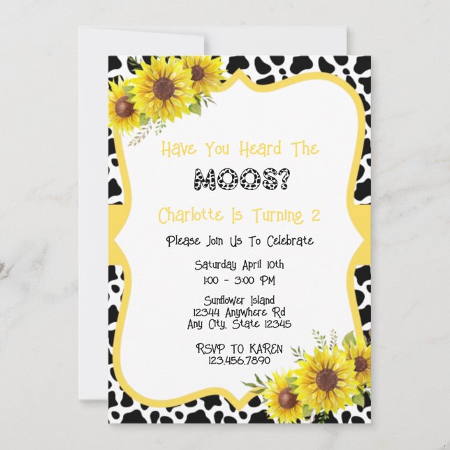 Rustic Country Cowprint & Sunflower  Invitation (Front)