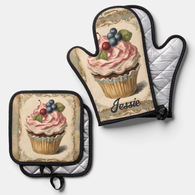 Rustic Country Cupcake Baker Cooking Chef Baking Oven Mitt & Pot Holder Set (Front/Back)
