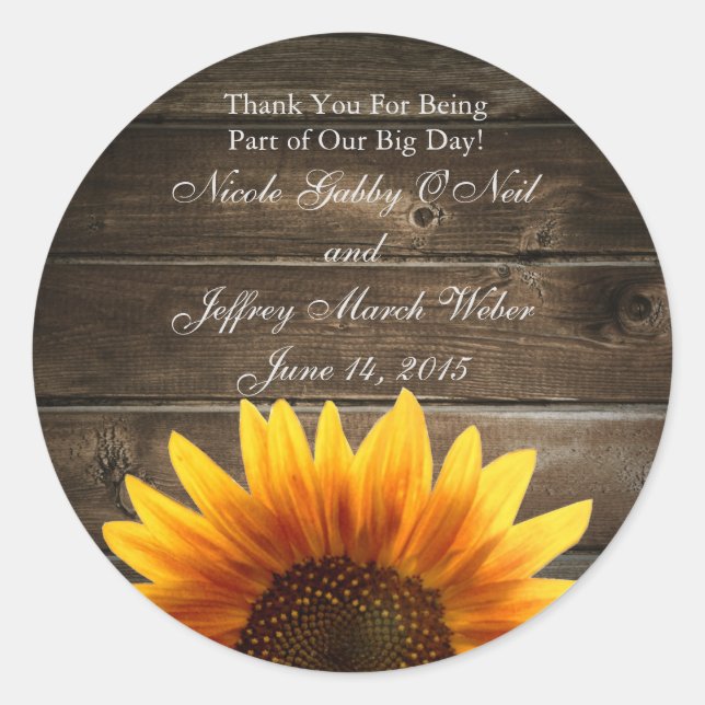 Rustic Country Custom Wedding Wood & Sunflowers Classic Round Sticker (Front)