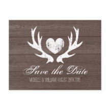 Rustic country deer antler save the date postcards