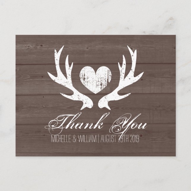 Rustic country deer antler wedding thank you cards (Front)
