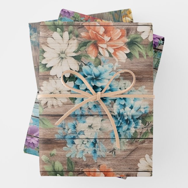 Rustic Country Distressed Wood Blue Florals Wrapping Paper Sheet (In situ)