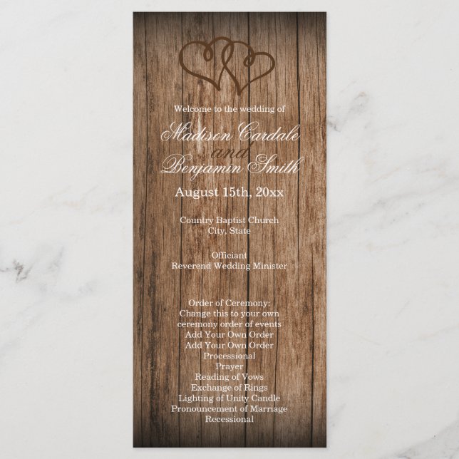 Rustic Country Double Hearts Wood Wedding Program (Front)