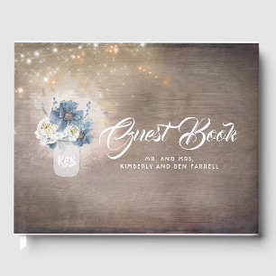 Rustic Country Dusty Blue Floral Mason Jar Wedding Guest Book