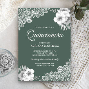 Rustic Country Dusty Green Floral Lace Quinceanera Invitation