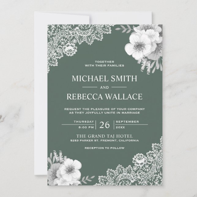 Rustic Country Dusty Green Floral Lace Wedding Invitation (Front)