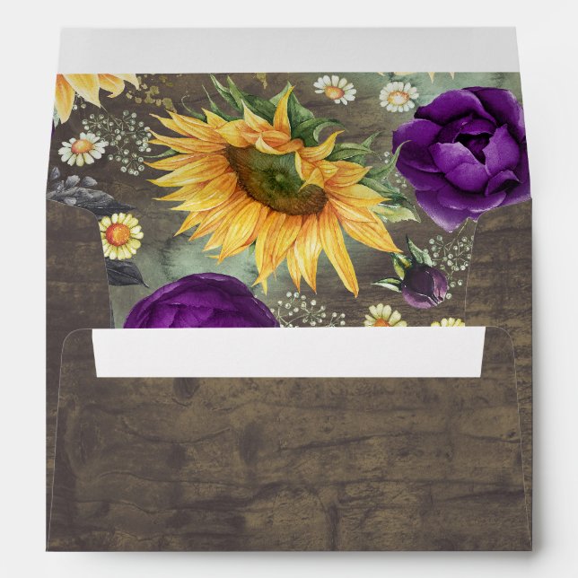 Rustic Country Fall Sunflowers Purple Wedding Envelope (Back (Bottom))