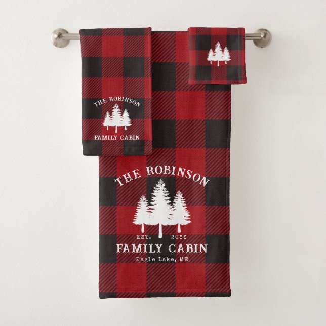 Rustic Country Family Cabin Tree Red Buffalo Plaid Bath Towel Set (Insitu)
