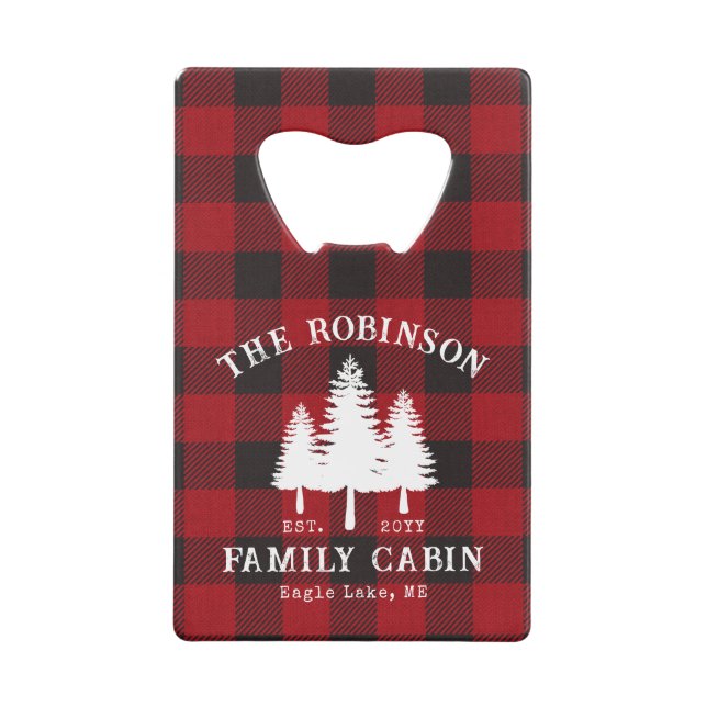 Rustic Country Family Cabin Tree Red Buffalo Plaid Credit Card Bottle Opener (Front)