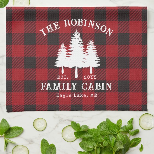 Rustic Country Family Cabin Tree Red Buffalo Plaid Kitchen Towel (Folded)