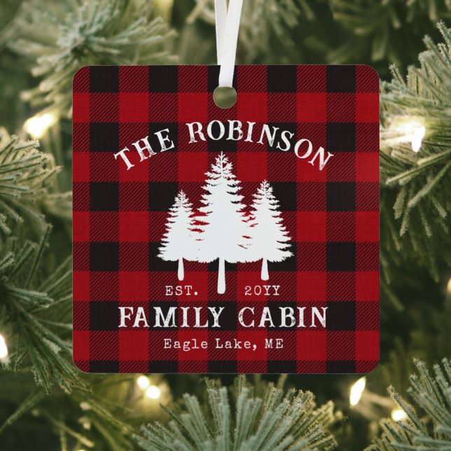 Rustic Country Family Cabin Tree Red Buffalo Plaid Metal Ornament (Insitu)