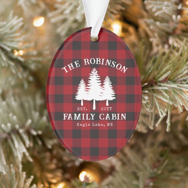 Rustic Country Family Cabin Tree Red Buffalo Plaid Ornament (Tree)