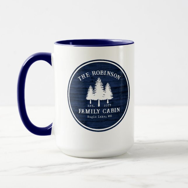 Rustic Country Family Cabin Trees Blue Wood Large Mug (Left)