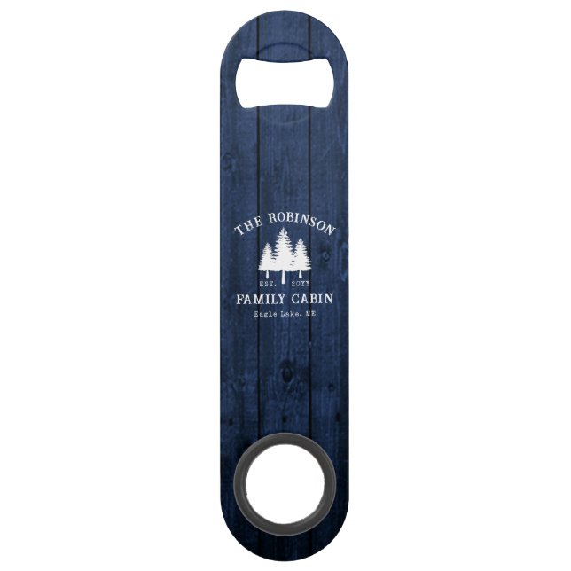Rustic Country Family Cabin Trees Blue Wood Print Bar Key (Front)