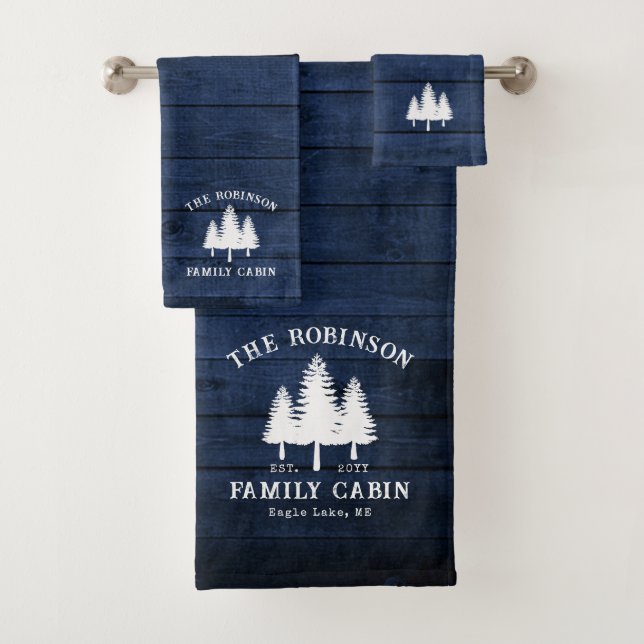 Rustic Country Family Cabin Trees Blue Wood Print Bath Towel Set (Insitu)