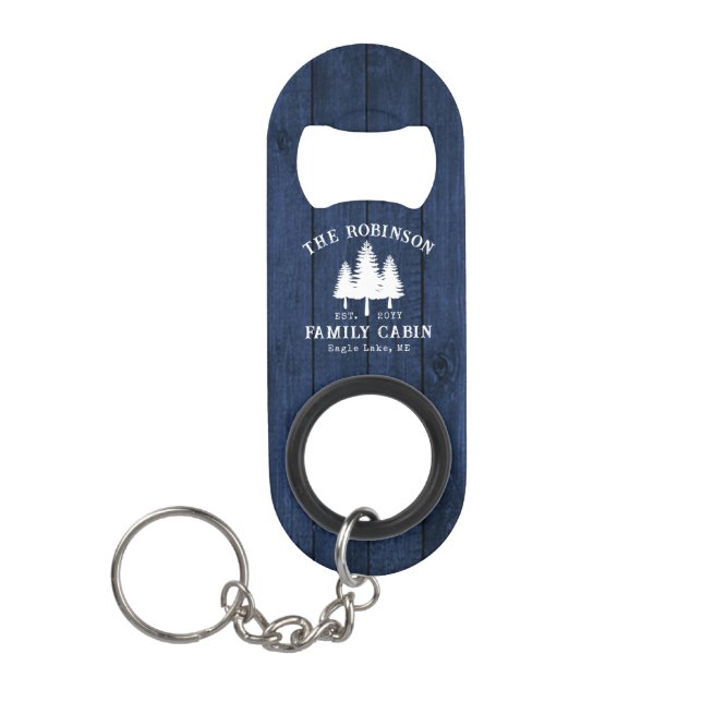 Rustic Country Family Cabin Trees Blue Wood Print Keychain Bottle Opener (Front)