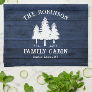 Rustic Country Family Cabin Trees Blue Wood Print Kitchen Towel