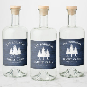 Rustic Country Family Cabin Trees Blue Wood Print Liquor Bottle Label