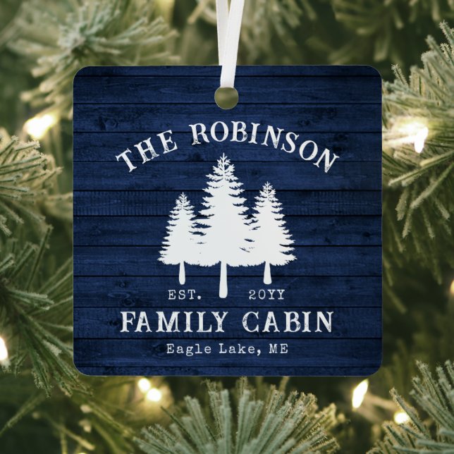 Rustic Country Family Cabin Trees Blue Wood Print Metal Ornament (Insitu)