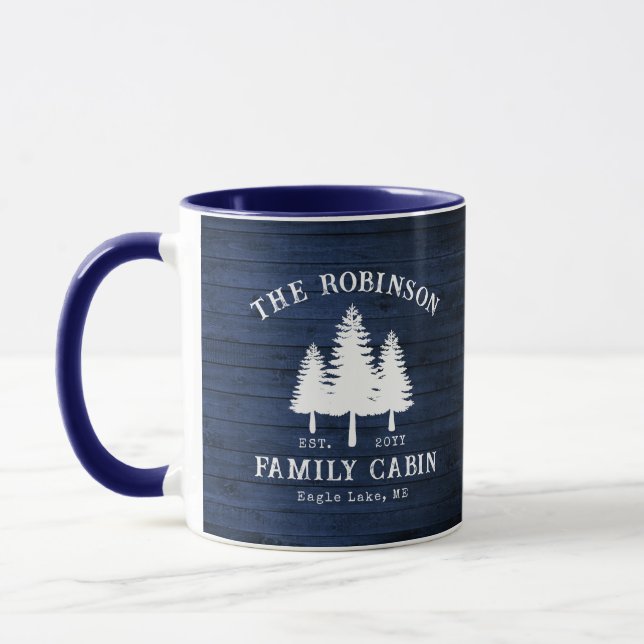 Rustic Country Family Cabin Trees Blue Wood Print Mug (Left)
