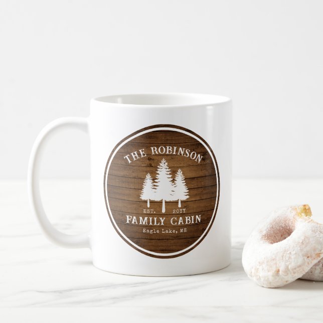 Rustic Country Family Cabin Trees Wood Plank Print Coffee Mug (With Donut)
