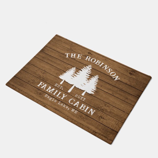 Rustic Country Family Cabin Trees Wood Plank Print Doormat (Angled)