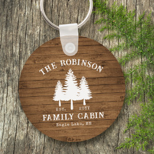 Rustic Country Family Cabin Trees Wood Plank Print Keychain