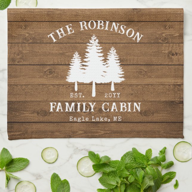 Rustic Country Family Cabin Trees Wood Plank Print Kitchen Towel (Folded)