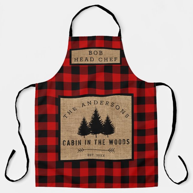 Rustic Country Family Name Cabin in Wood Head Chef Apron (Front)