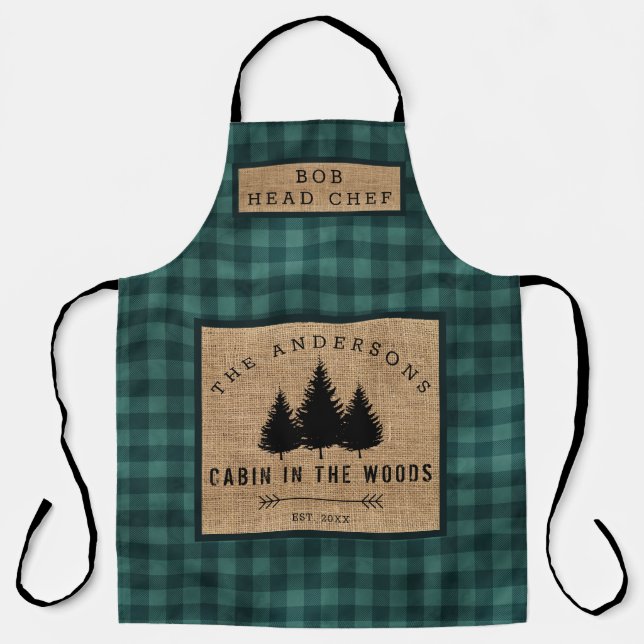 Rustic Country Family Name Cabin in Wood Head Chef Apron (Front)