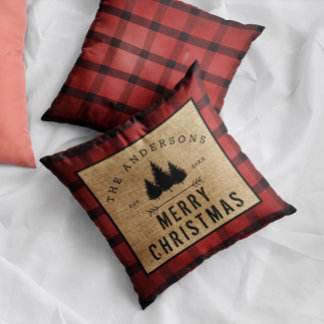 Rustic Country Family Name Merry Christmas Plaid  Throw Pillow