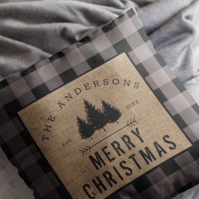 Rustic Country Family Name Merry Christmas Plaid Throw Pillow (Creator Uploaded)