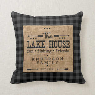 Rustic Country Family Name Plaid Lake House  Throw Pillow