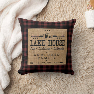 Rustic Country Family Name Plaid Lake House  Throw Pillow