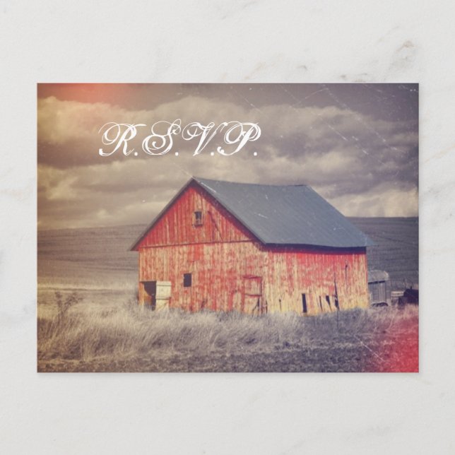 Rustic country farm red barn wedding RSVP Invitation Postcard (Front)